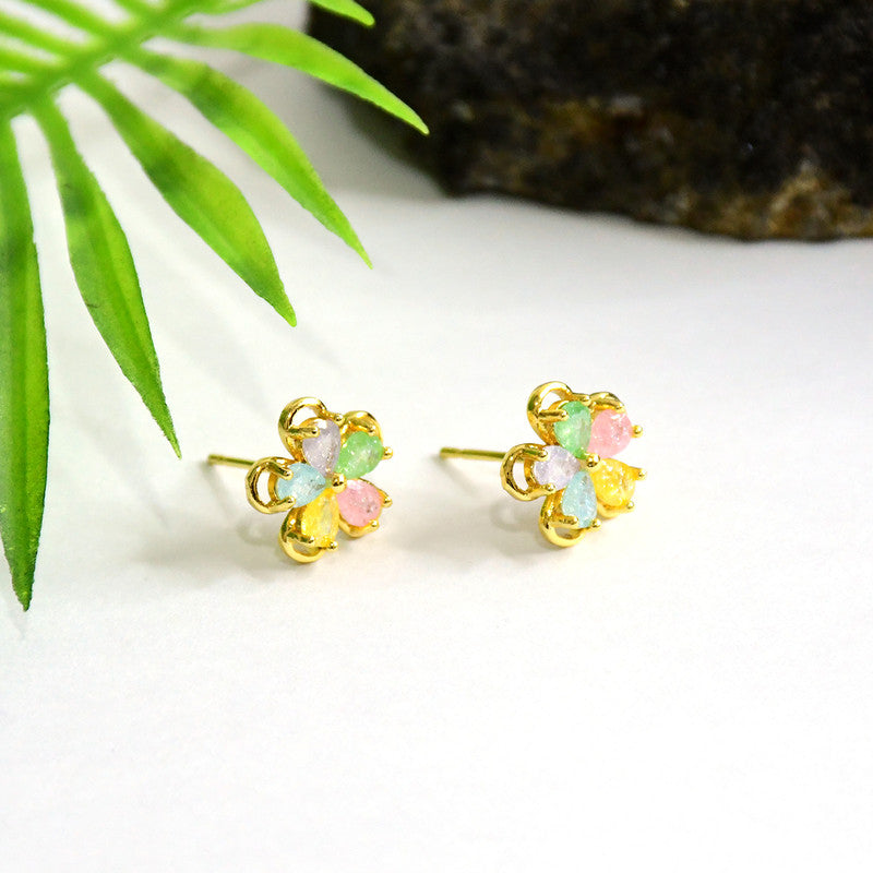 Multicolor Crystal Flower Stud Earrings with Artificial Gold Finish for Women