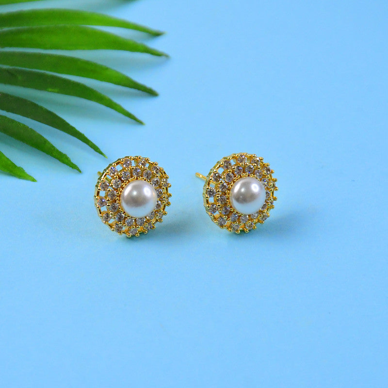 Round Pearl Stud Earrings with Crystal Border and Artificial Gold Finish for Women
