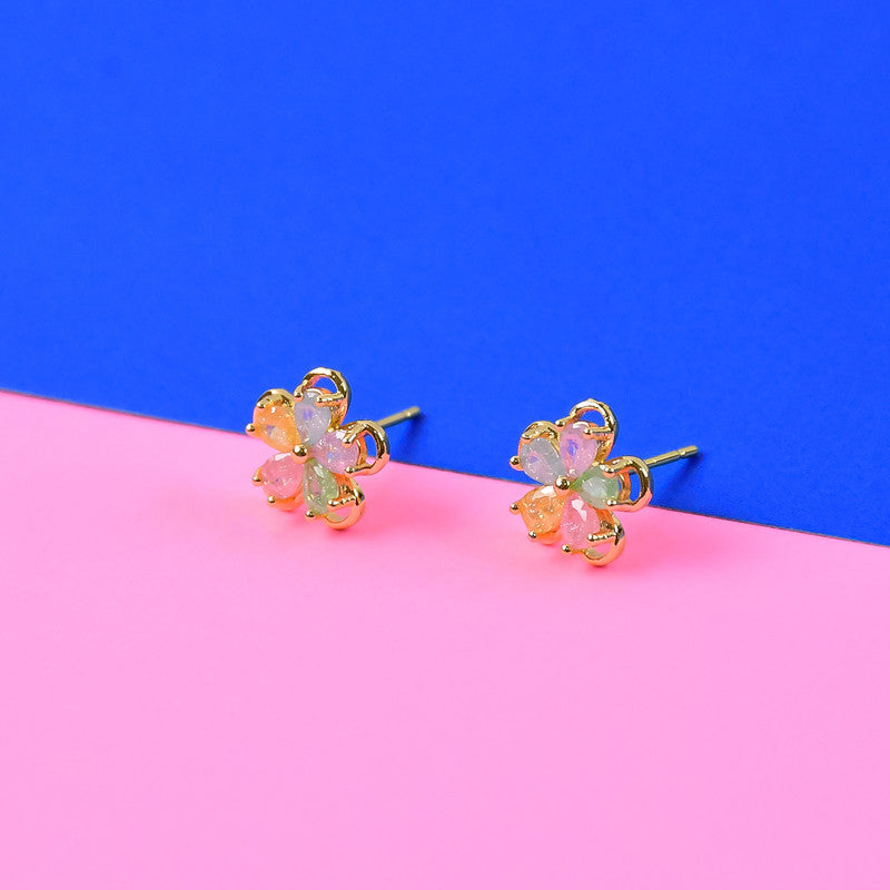 Multicolor Crystal Flower Stud Earrings with Gold Finish for Women