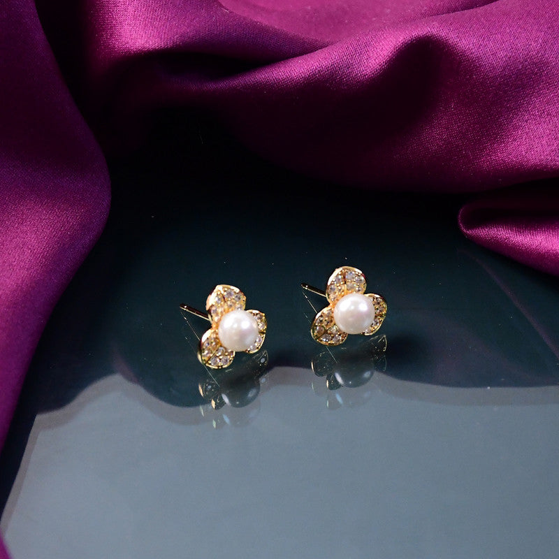 Pearl Center Clover Design Stud Earrings with Artificial Gold Finish for Women
