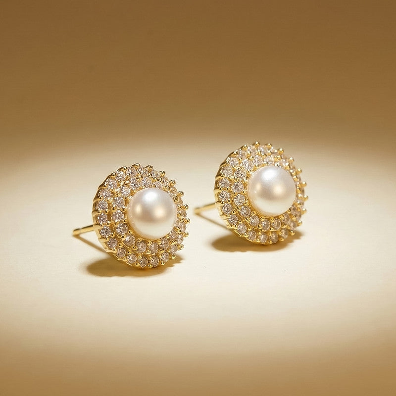 Round Pearl Stud Earrings with Crystal Border and Artificial Gold Finish for Women