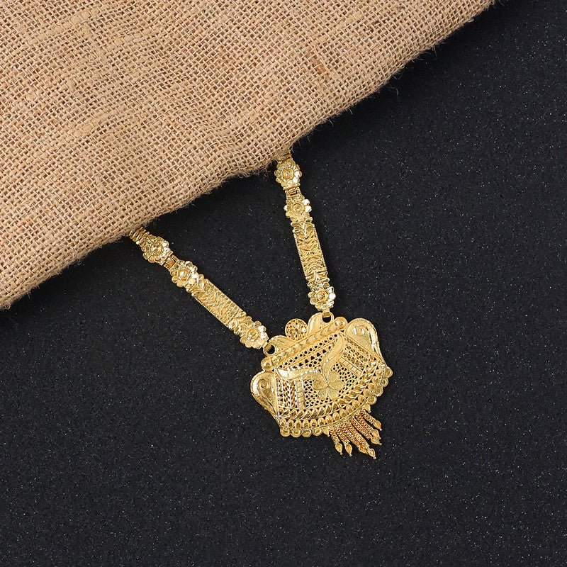 Majestic Artificial Gold-Finish Long Necklace Set with Intricate Traditional Craftwork