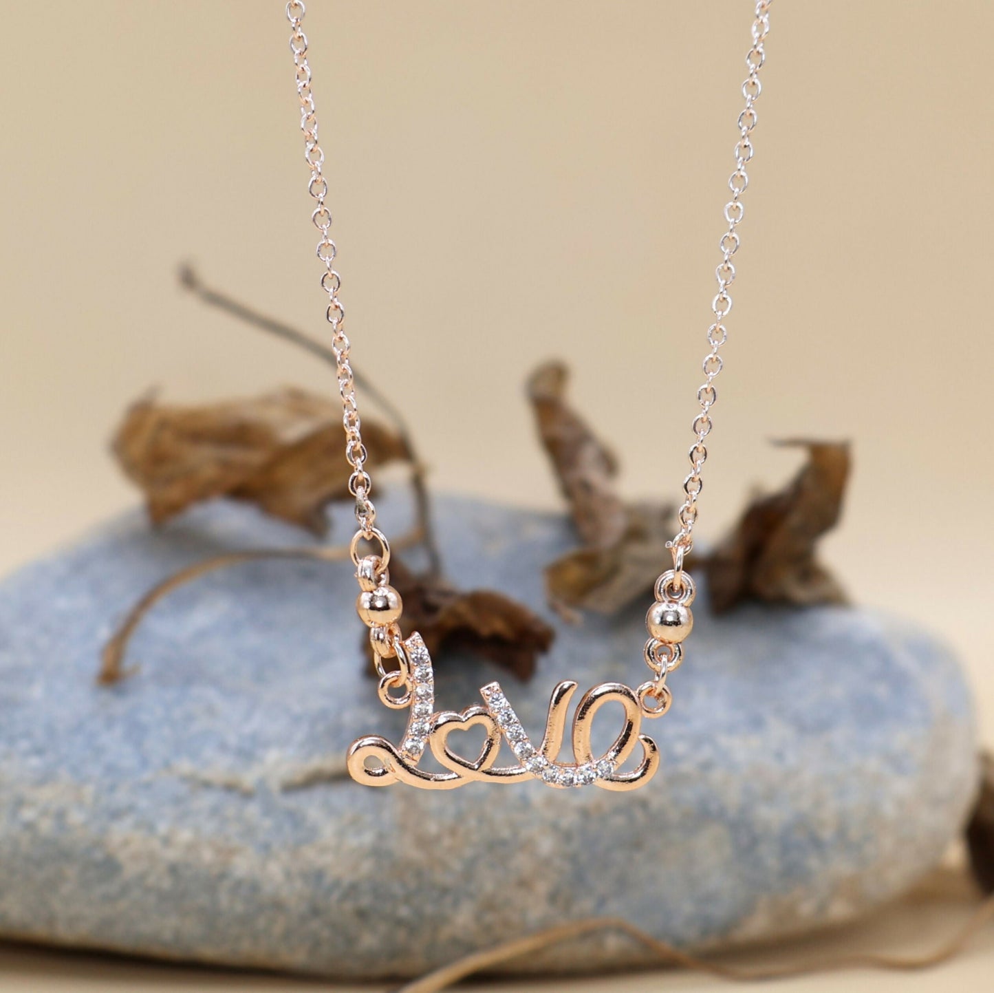 Rose Artificial Gold Plated LOVE Script AD Pendant Necklace For women and girls