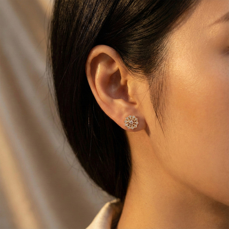 Crystal Floral Stud Earrings with Artificial Gold Finish for Women