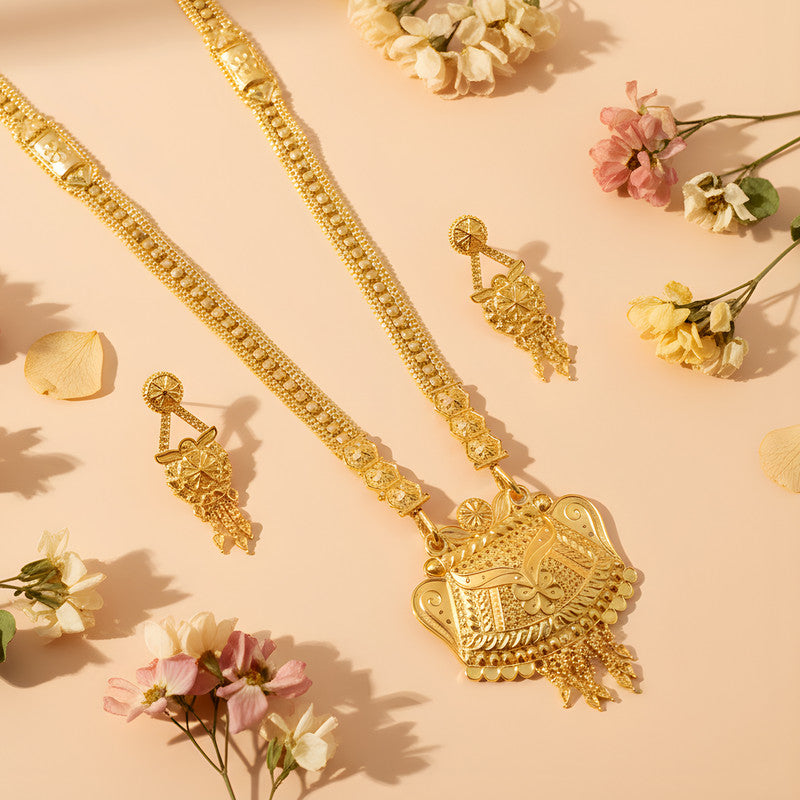 Artificial Gold-Tone Traditional Necklace Set with Ornamental Pendant & Matching Earrings