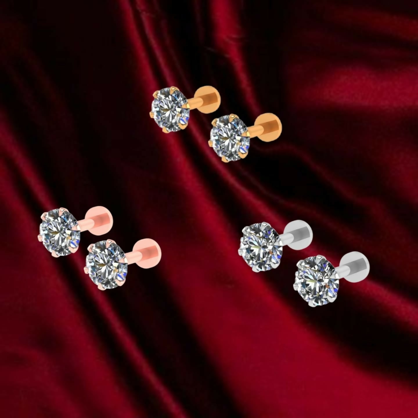 Silver Rose Artificial Gold Plated Round AD Solitaire Flat Back Stud Earrings Combo 3