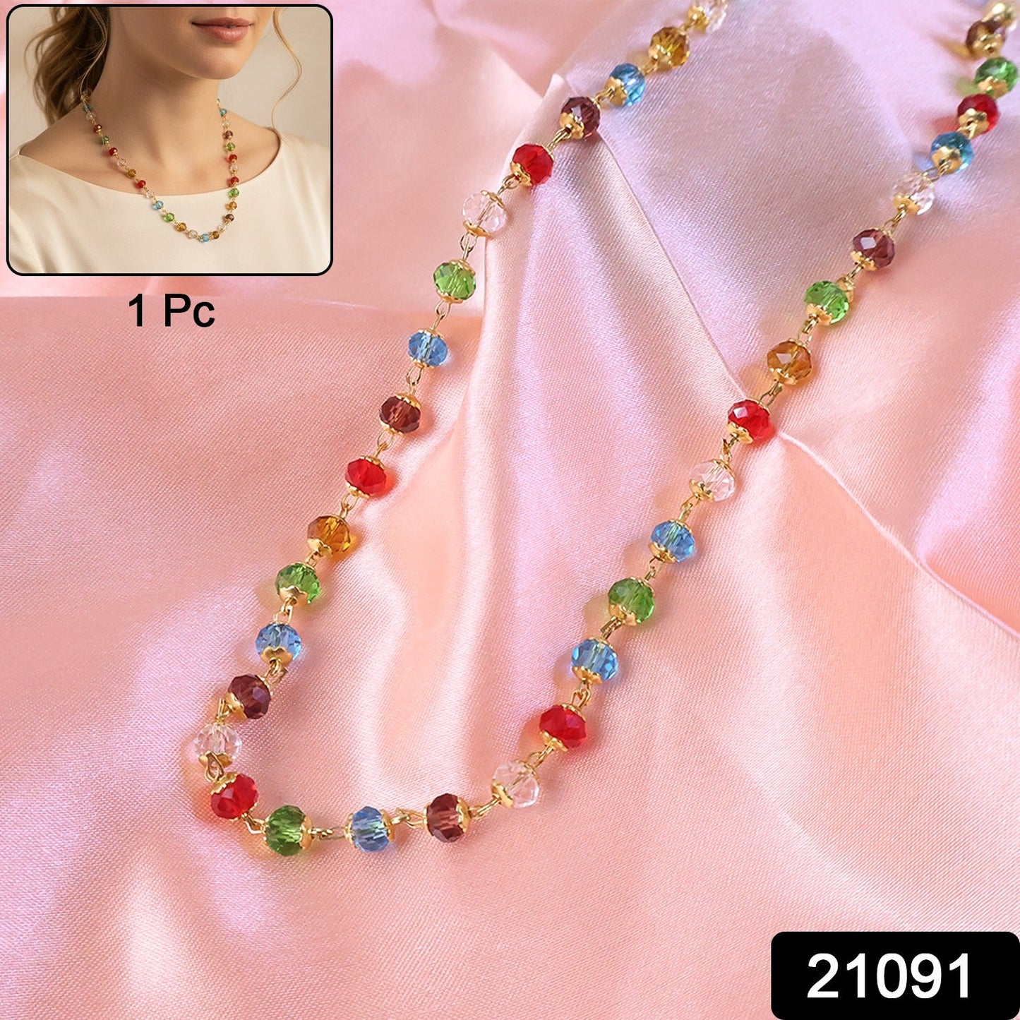 Multicolour Crystal Beaded Necklace with Artificial Gold-Tone Links (1Pc)