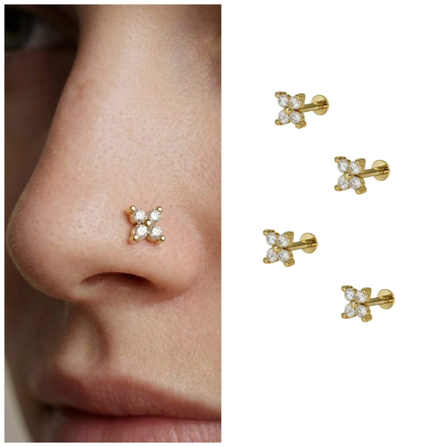 Gold plated Clover Flat Back Labret AD nosepin stud Combo Pack of 4