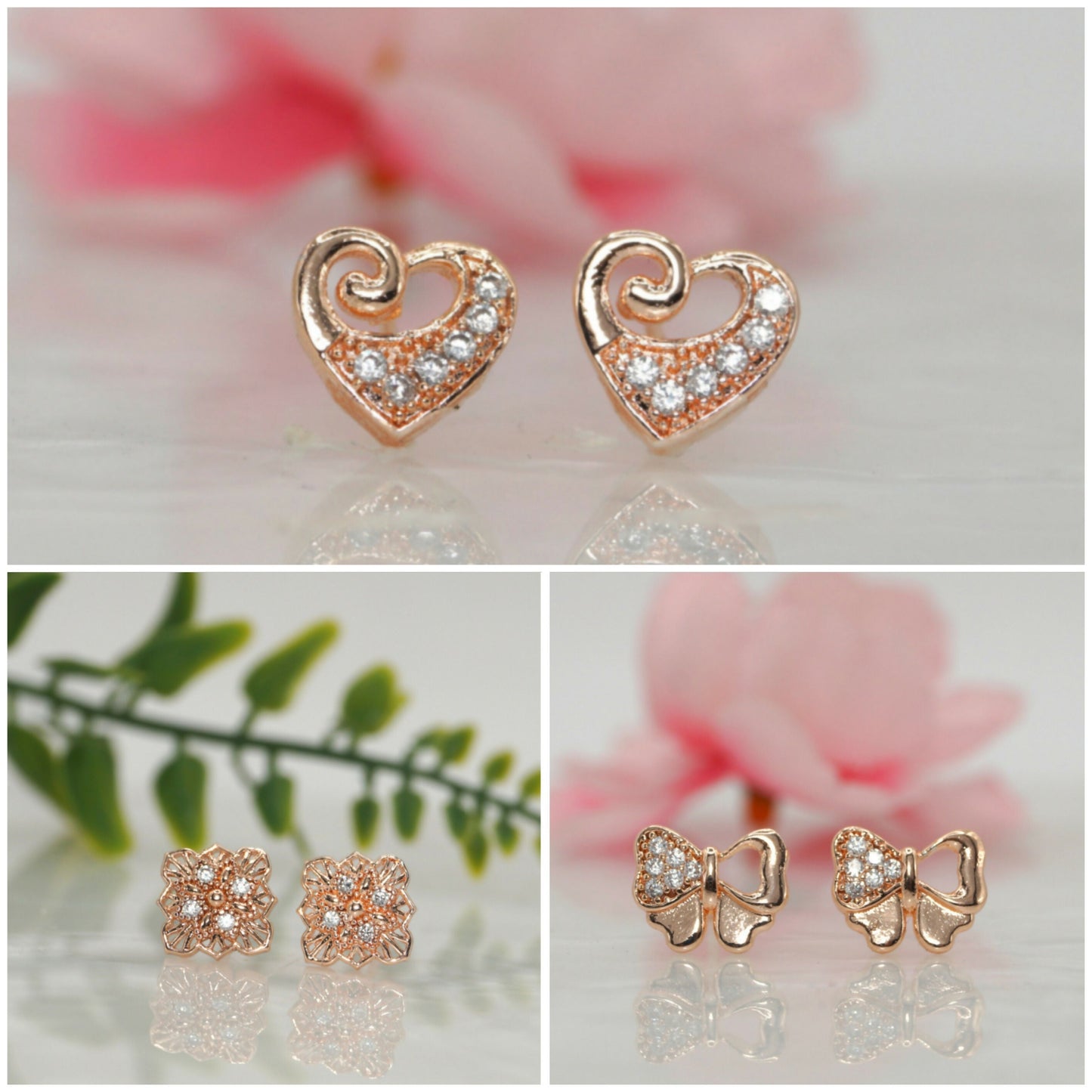 Rose Artificial Gold Plated AD Stud Earrings Set - Heart, Bow & Floral for women and girls Combo Pack of 3