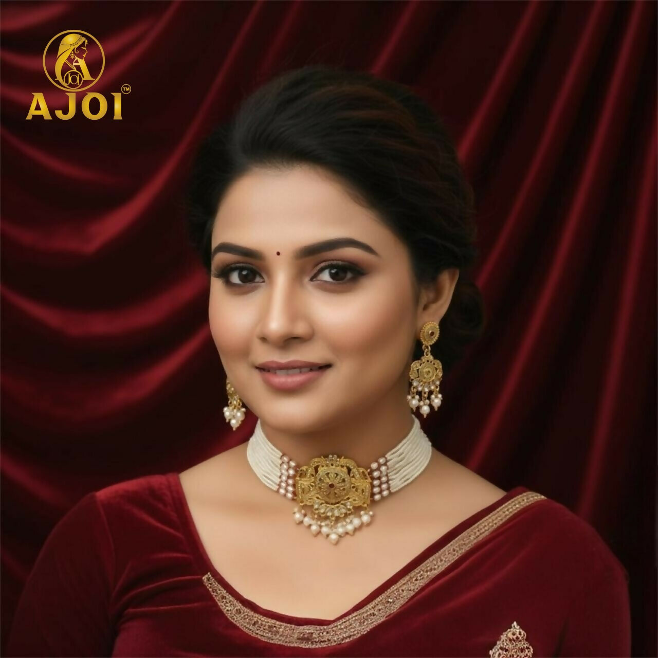 Premium Artificial Gold Pearl Traditional Necklace With Earrings.