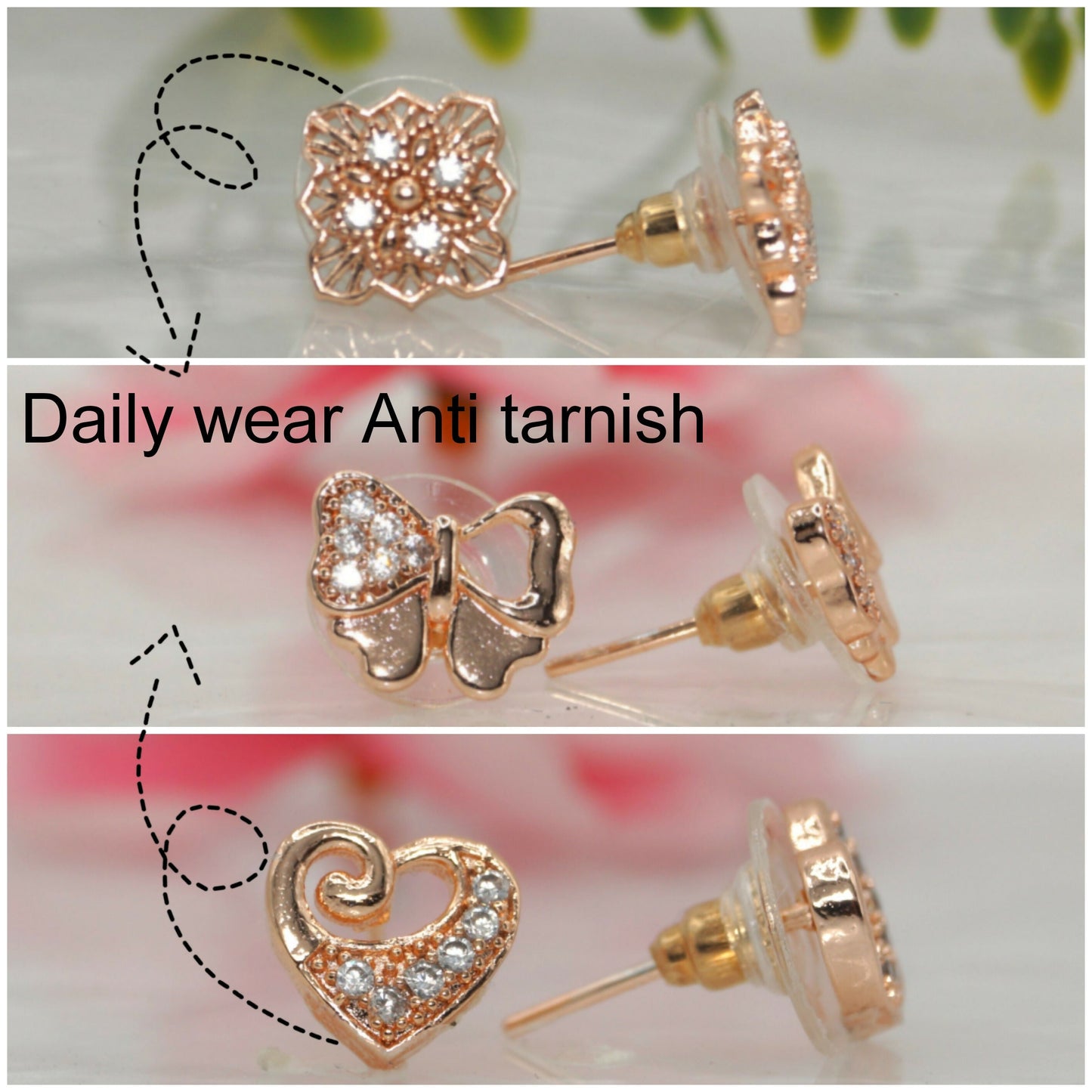 Rose Artificial Gold Plated AD Stud Earrings Set - Heart, Bow & Floral for women and girls Combo Pack of 3