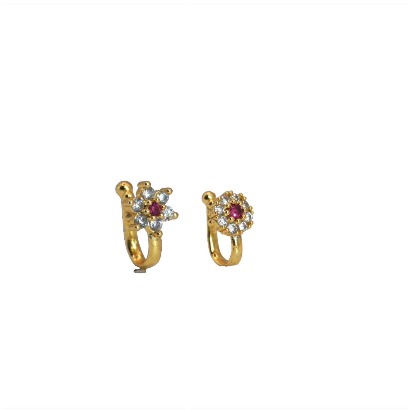 Traditional Ruby & CZ Artificial Gold Plated Non-Piercing Nose Ring/Nath Combo Pack of 2