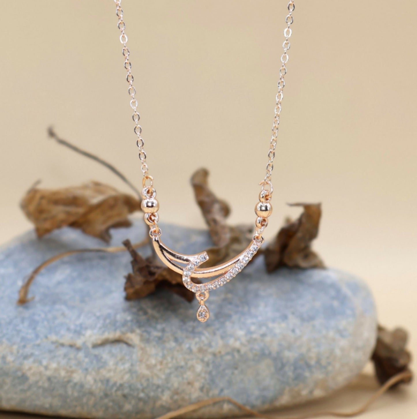 Rose Artificial Gold AD Crescent Moon Necklace Pendant For women and girls