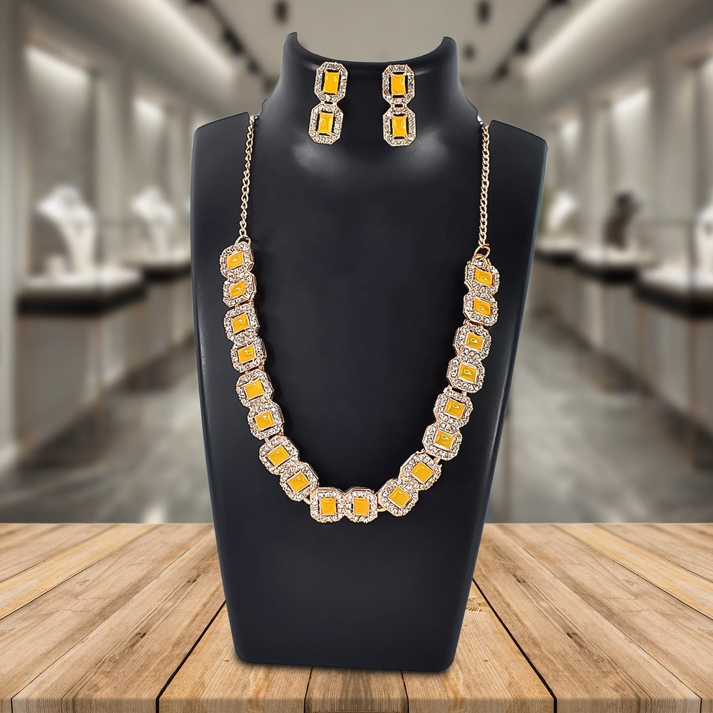 Yellow American Diamond Studded Jewellery Necklace Set