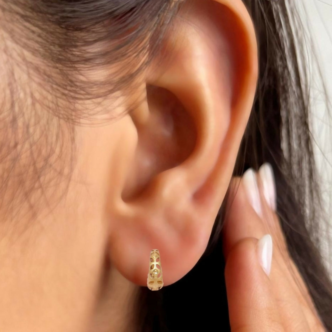 Artificial Gold Filigree Huggie Hoop Earrings with AD kan ki bali