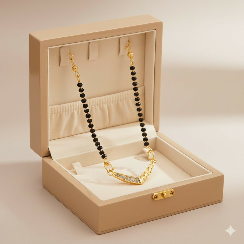 Artificial Gold Plated V-Shape Mangalsutra with Black Beads