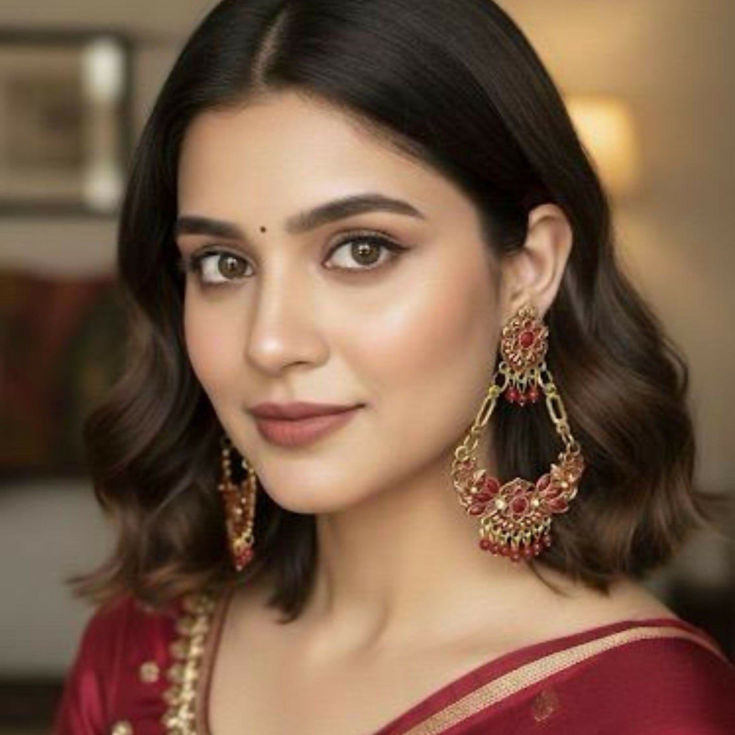 Antique Artificial Gold-Plated Red Stone Floral Chandbali Earrings for Women