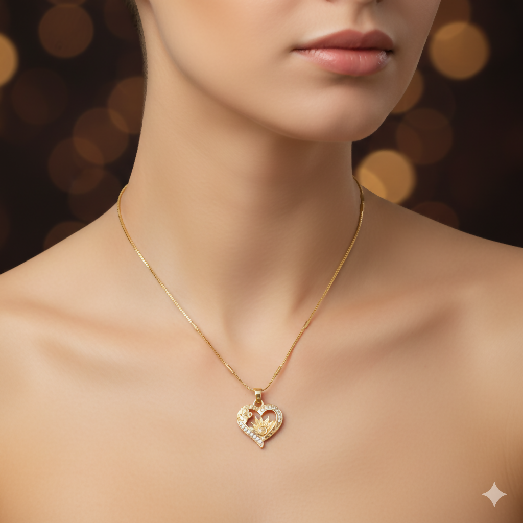 Artificial Gold Plated AD Heart Butterfly & Lotus Pendant Necklace For women and girls