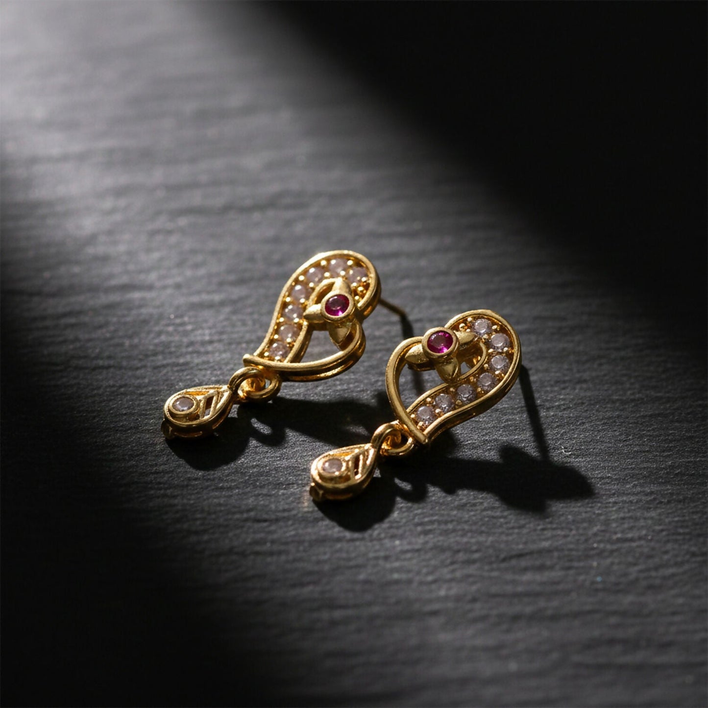 Elegant Artificial Gold Paisley Drop Earrings with Ruby Accent