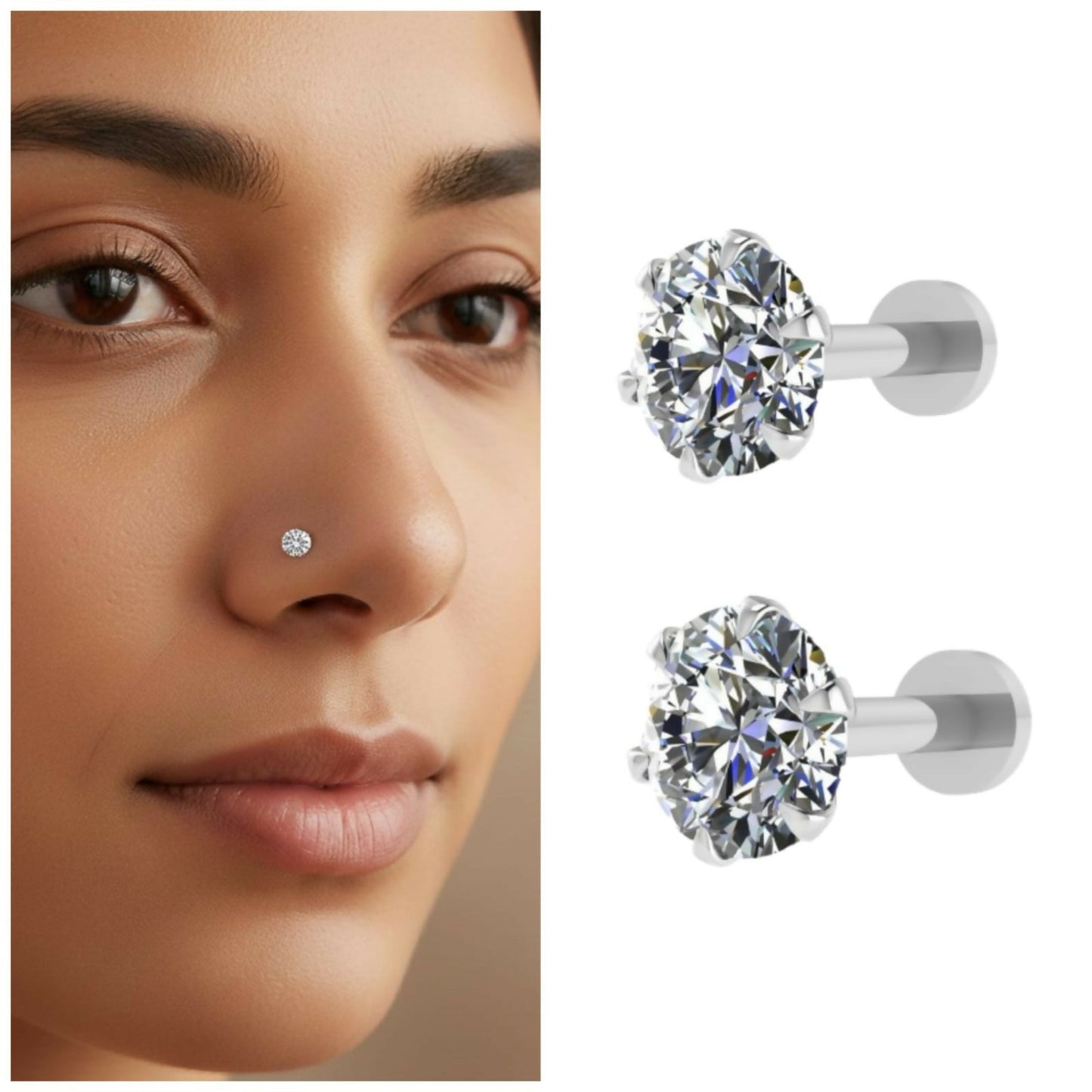 silver plated AD Flat Back Nosepin Stud for women and girls Combo Pack of 2