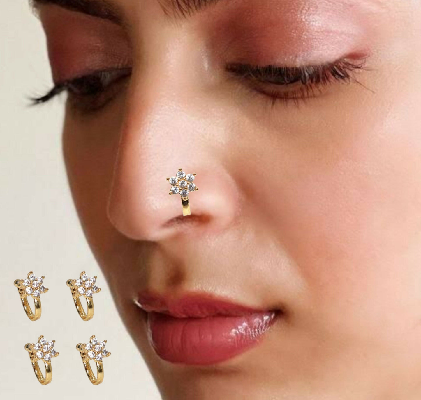 Rose Artificial Gold Clear CZ Floral Cluster Non-Pierced Clip-On Nose Pin Combo Pack of 4