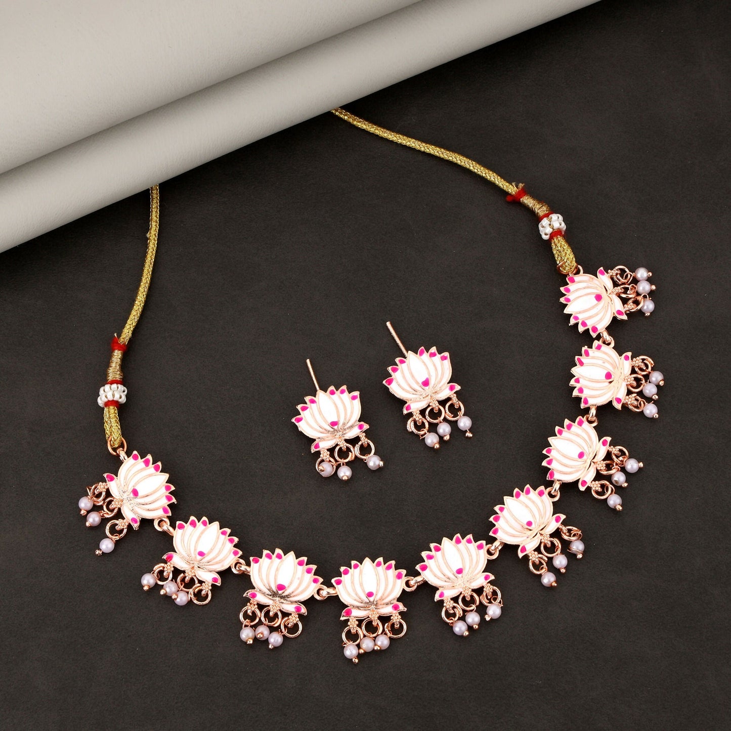 Elegant Artificial Gold-Toned Pearl & American Diamond Cluster Choker Set