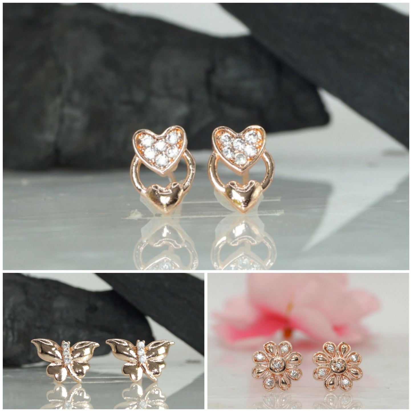 Rose Artificial Gold Plated AD Diamond Studs: Heart, Butterfly & Flower for women and girls Combo Pack of 3