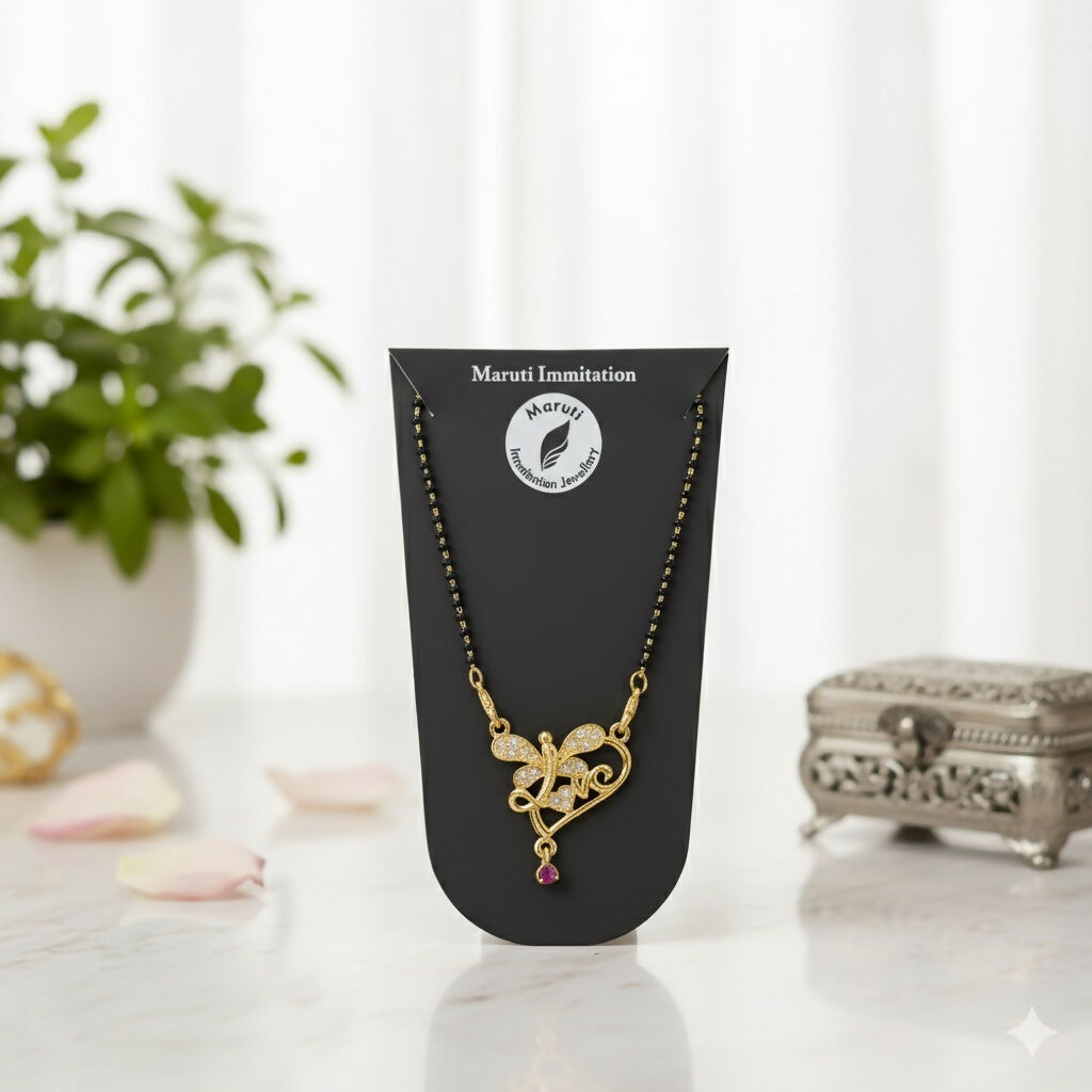 Butterfly Design Artificial Gold-Tone Mangalsutra with Sparkling Stones & Pink Dangler