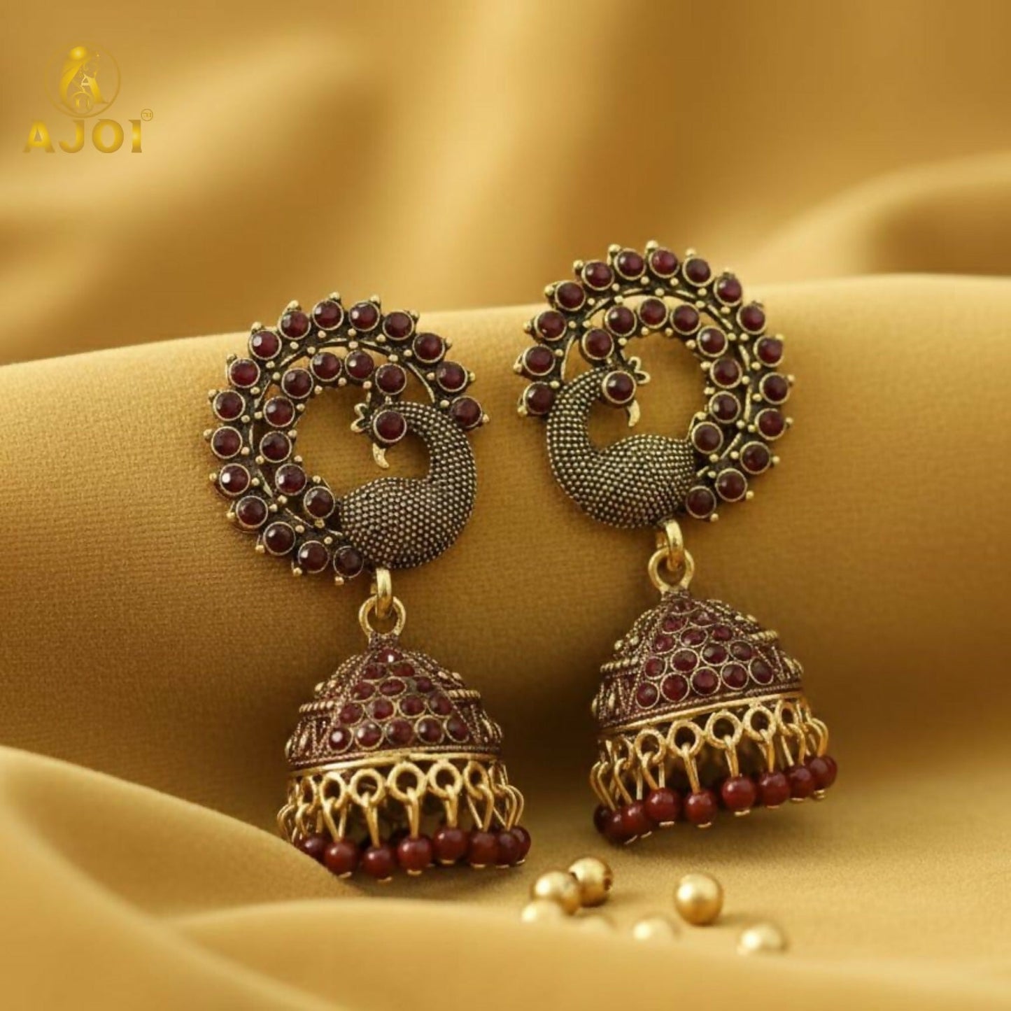 Royal Maroon Peacock Jhumka Earrings – Antique Artificial Gold Finish