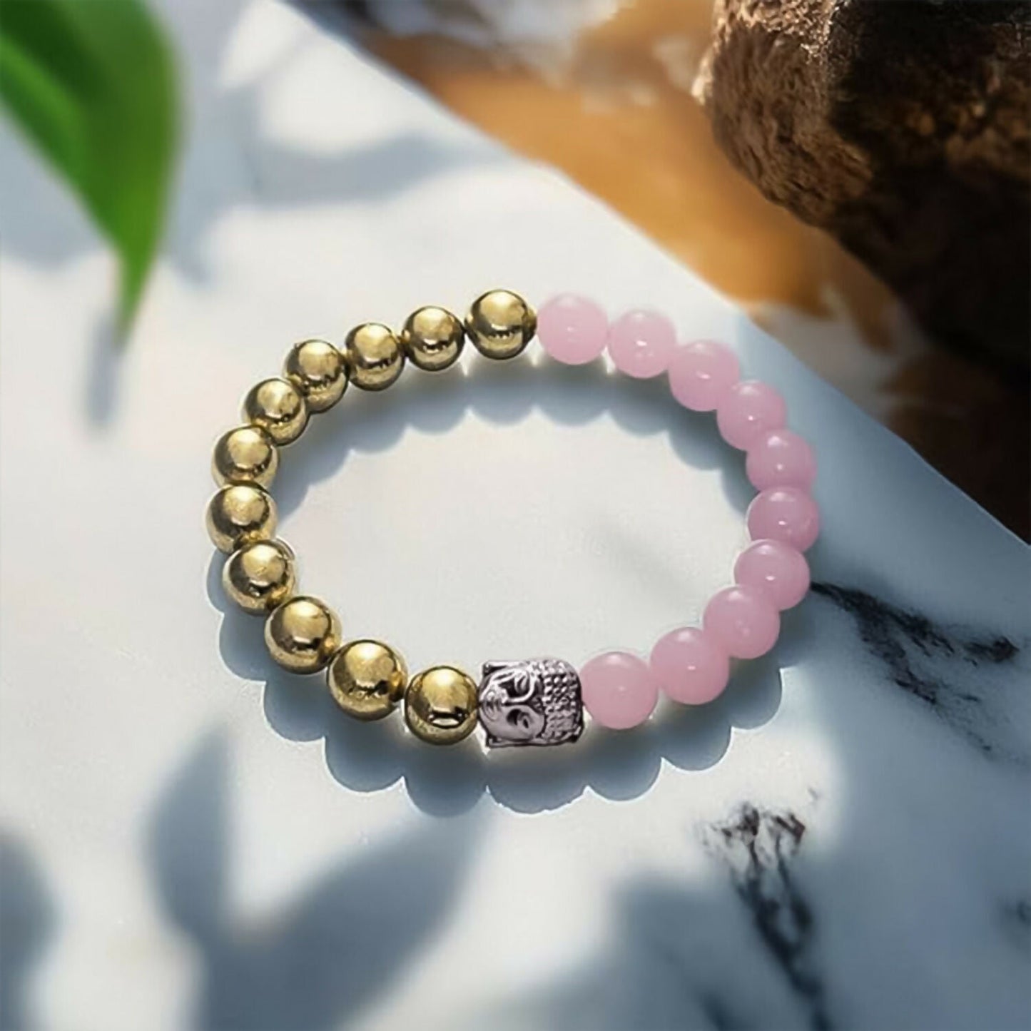 Elegant Dual-Tone Pink & Artificial Gold Beaded Bracelet in Display Case