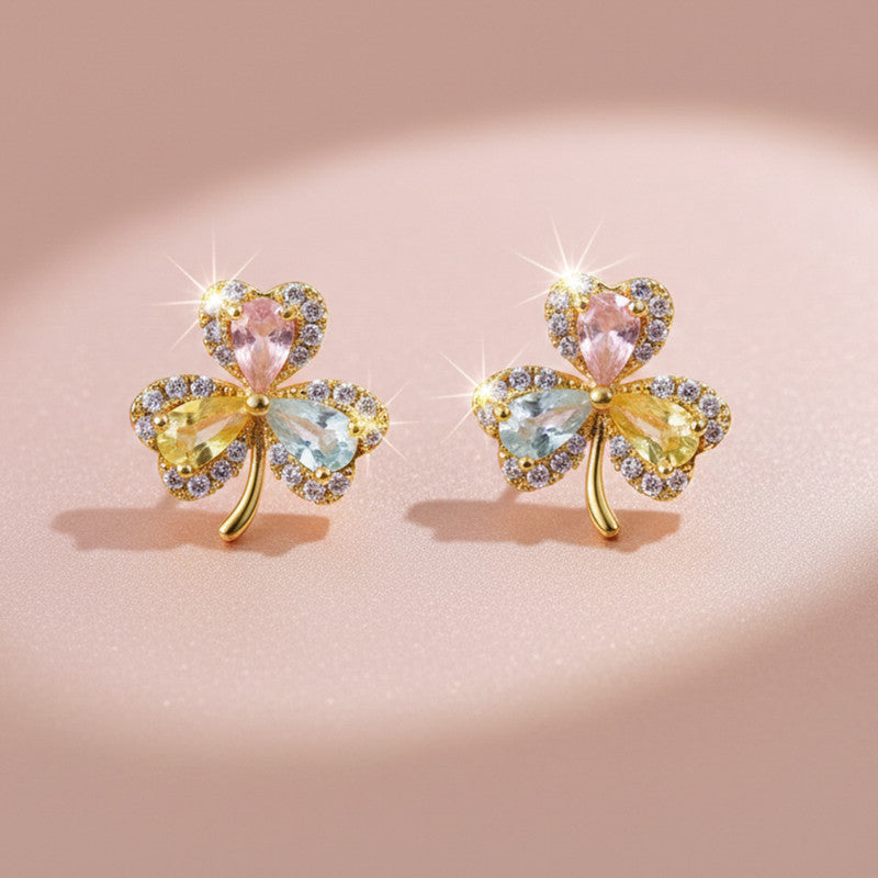 Multicolor Crystal Clover Stud Earrings with Artificial Gold Finish for Women