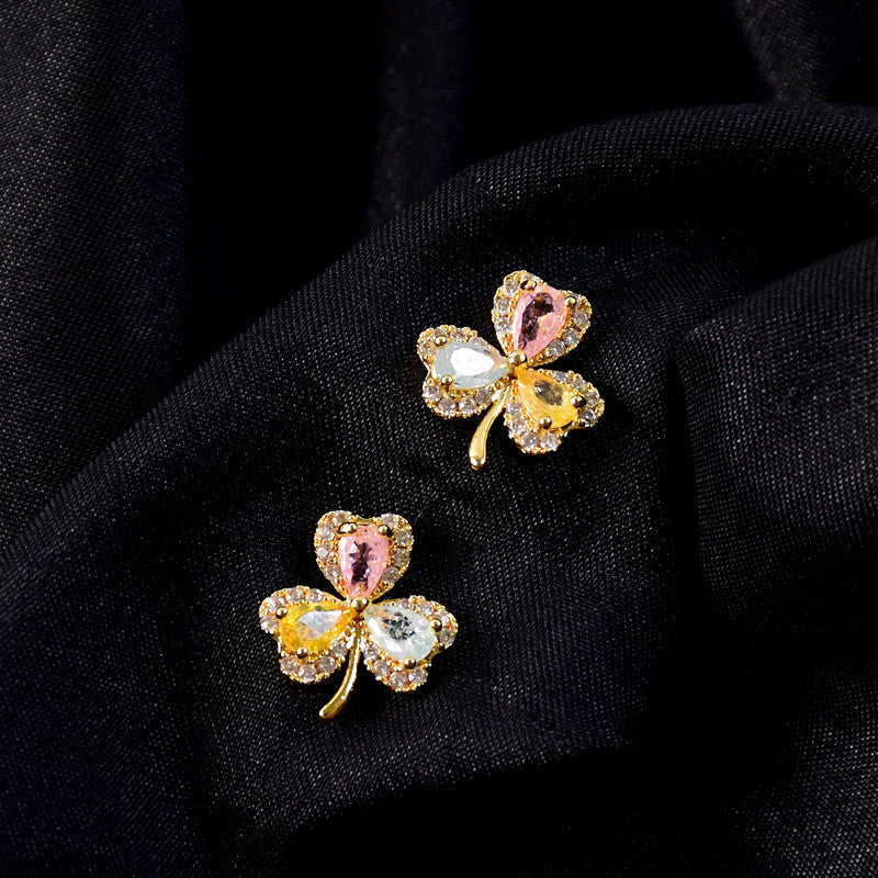 Multicolor Crystal Clover Stud Earrings with Artificial Gold Finish for Women