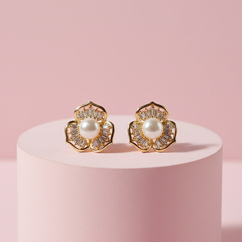 Pearl Center Floral Stud Earrings with Crystal Detailing and Artificial Gold Finish