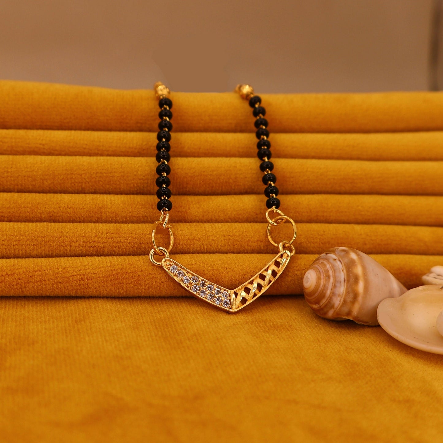 Artificial Gold Plated V-Shape Mangalsutra with Black Beads