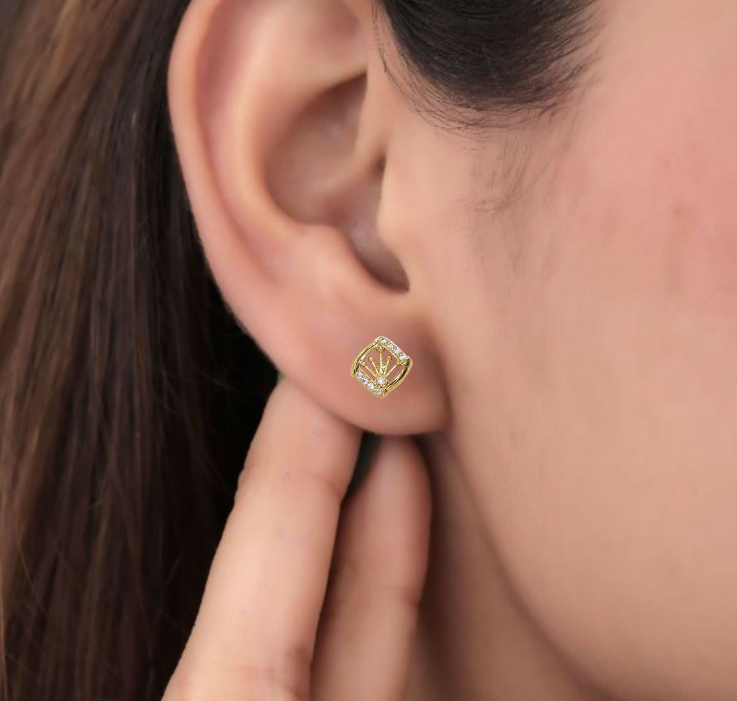 Artificial Gold Diamond Cage Stud Earring Setting - Square Solitaire Mount for women & girls