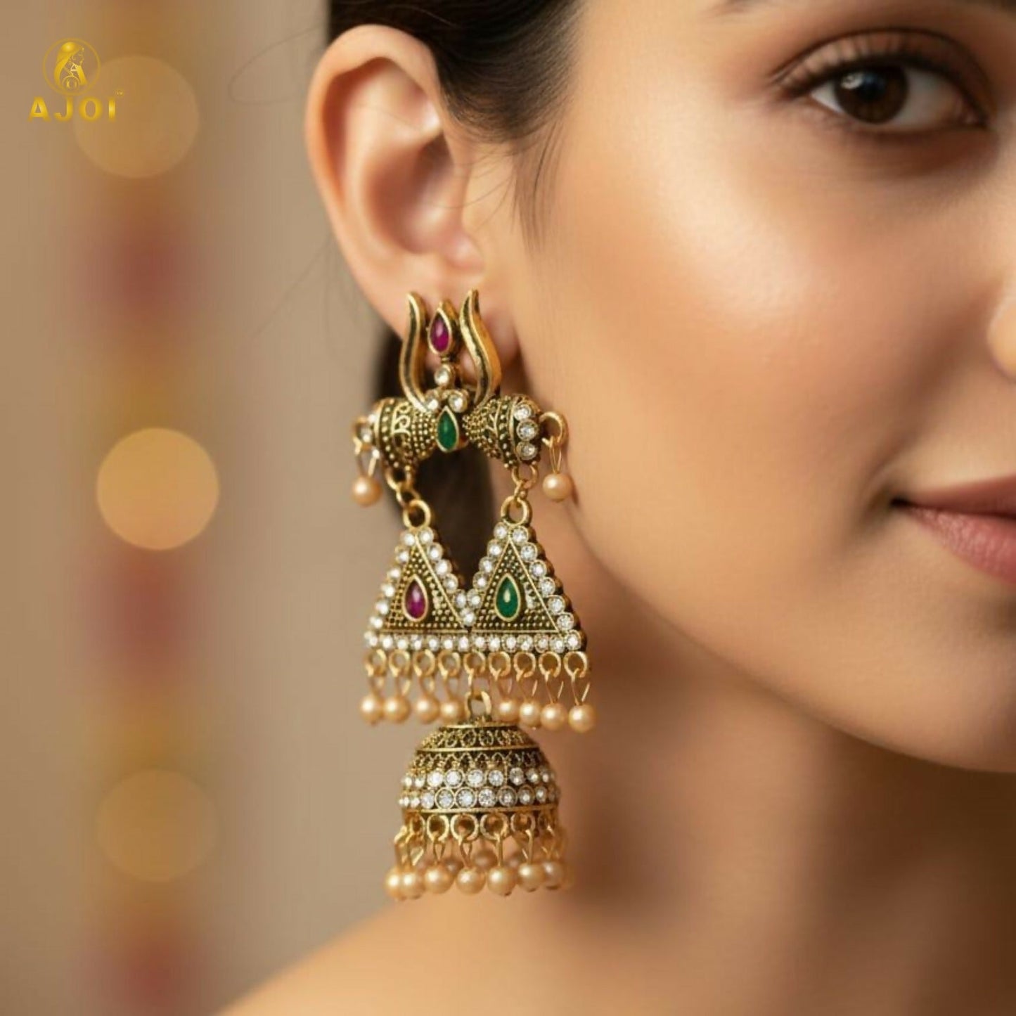 Traditional Shiv Trishul Design Antique Artificial Gold Jhumka Earrings with Stone Work