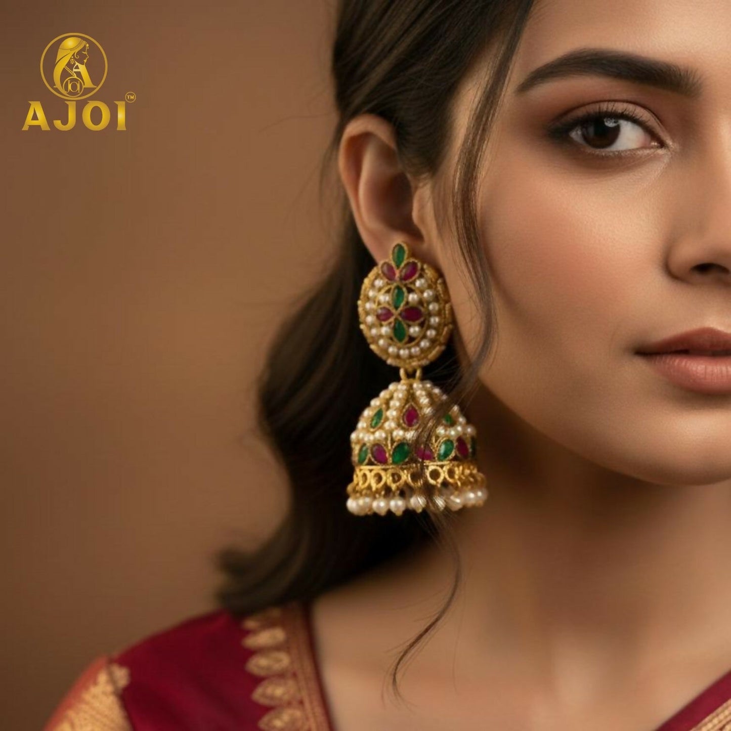 Exquisite Traditional Kundan Jhumka Earrings with Ruby & Emerald Stones, Handcrafted Artificial Gold-Tone Pearl Drop Bridal Jewelry