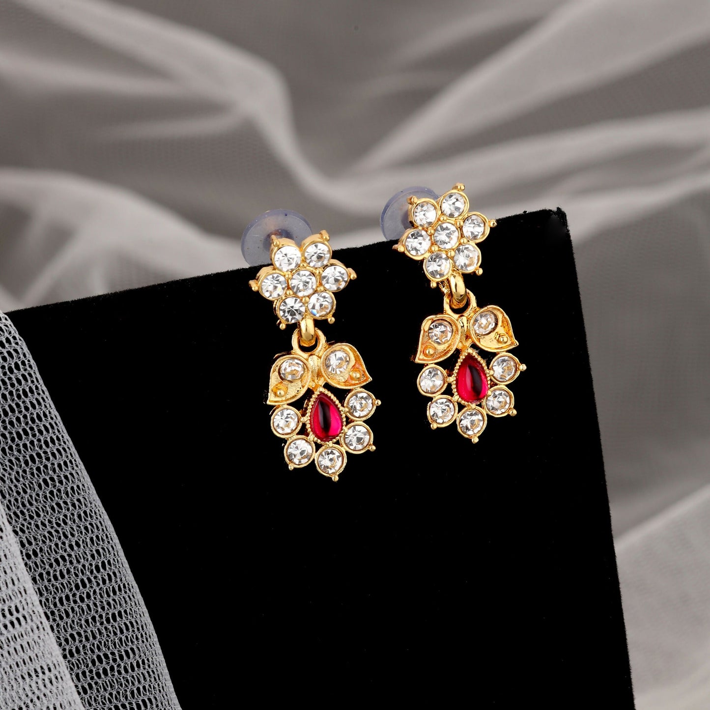 Traditional Artificial Gold-Toned Ruby & American Diamond Floral Set