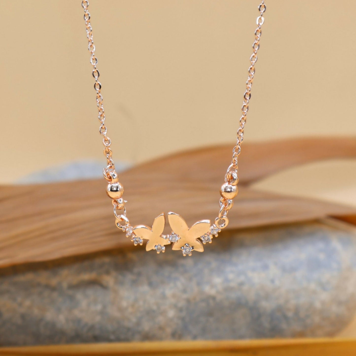 Rose Artificial Gold Double Butterfly Necklace | Dainty Zirconia Pendant