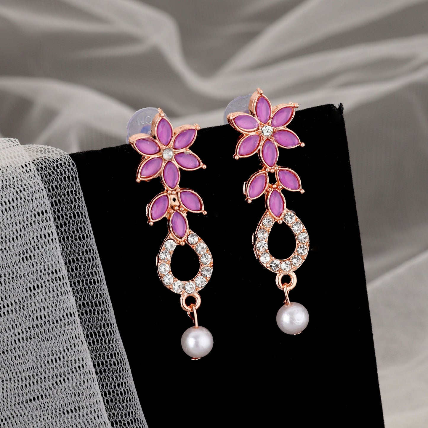 uxurious Rose Artificial Gold Plated Magenta Stone Necklace Set with Pearl Drop