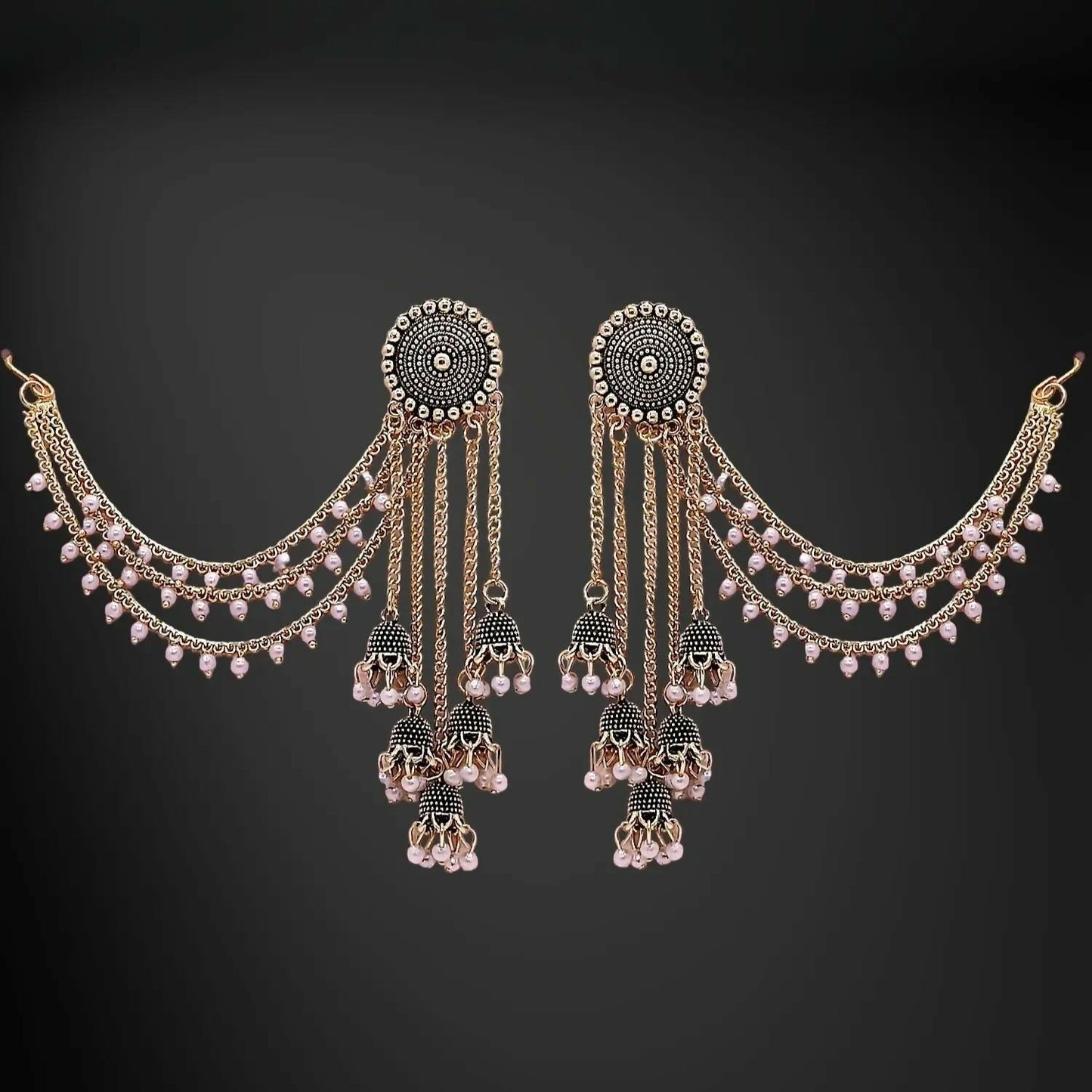 Traditional Artificial Gold Tone Jhumka Earrings with Pearl Drops and Elegant Layered Chain Design for Women