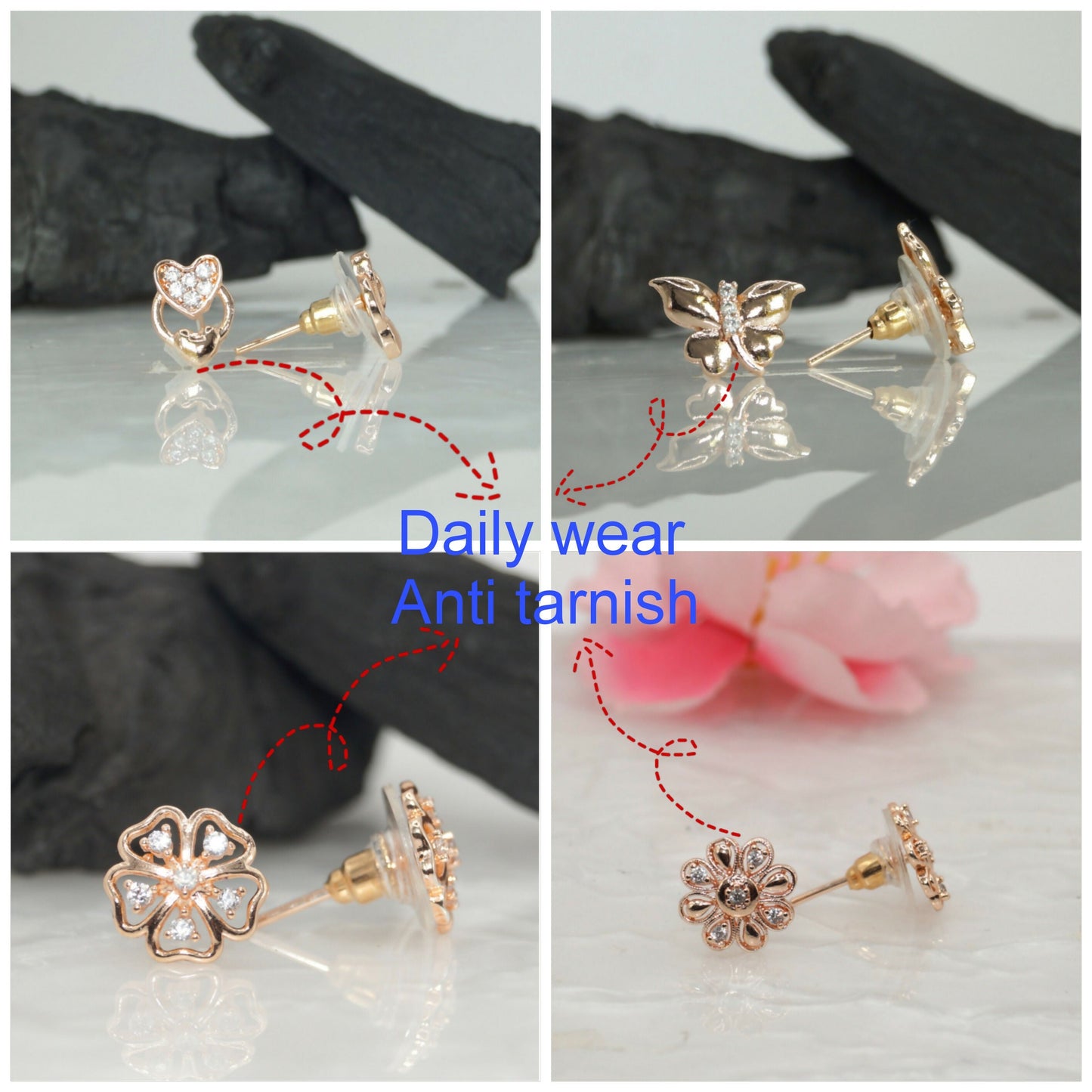 Rose Artificial Gold Stud Earrings Combo: Heart, Butterfly, Flower for women and girls Combo Pack of 4