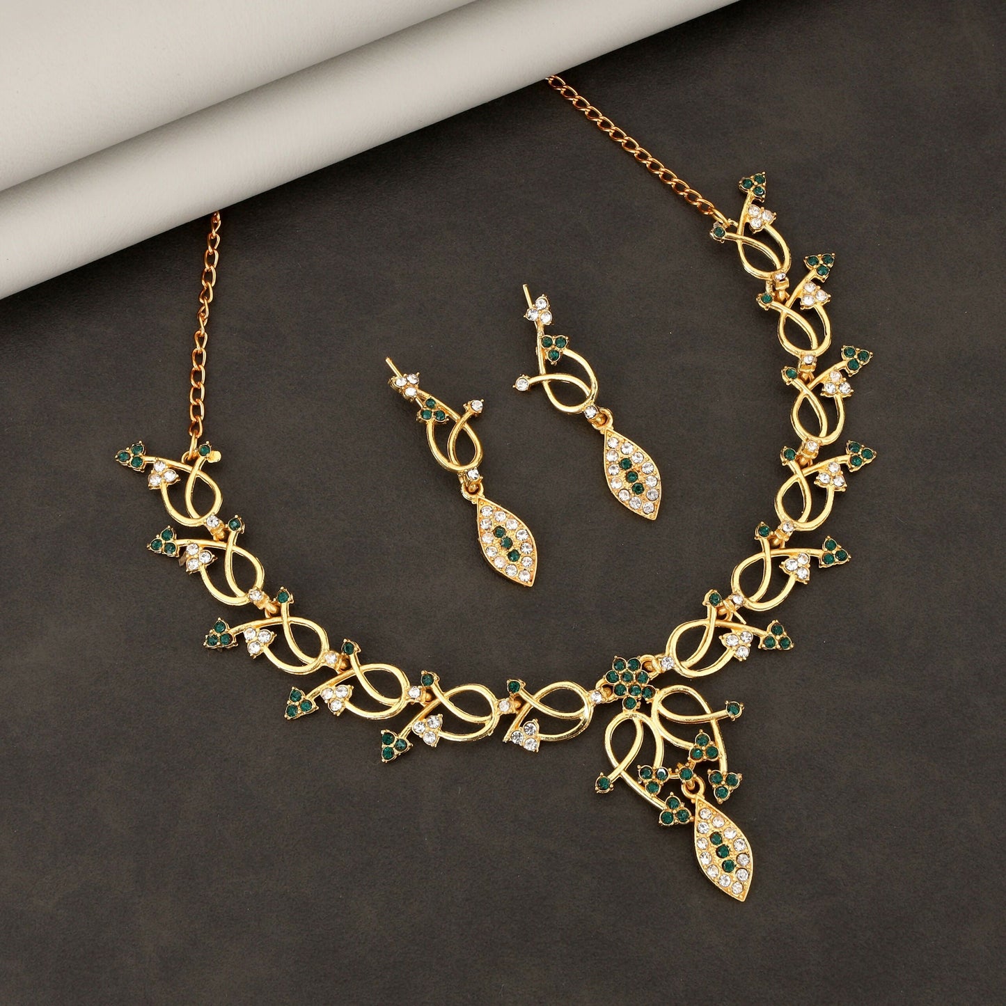 Elegant Artificial Gold-Toned Floral & Green Stone Set