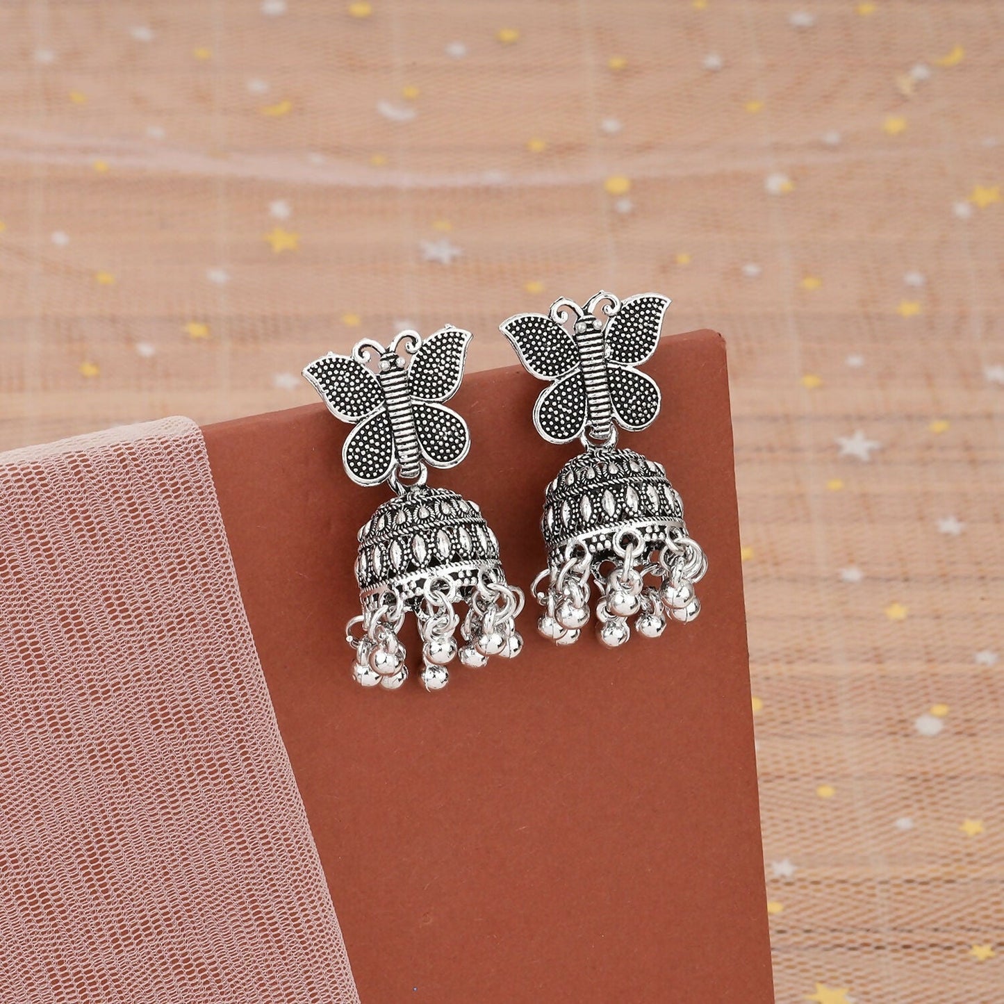 Stylish Oxidised Silver Butterfly Jhumka Earrings