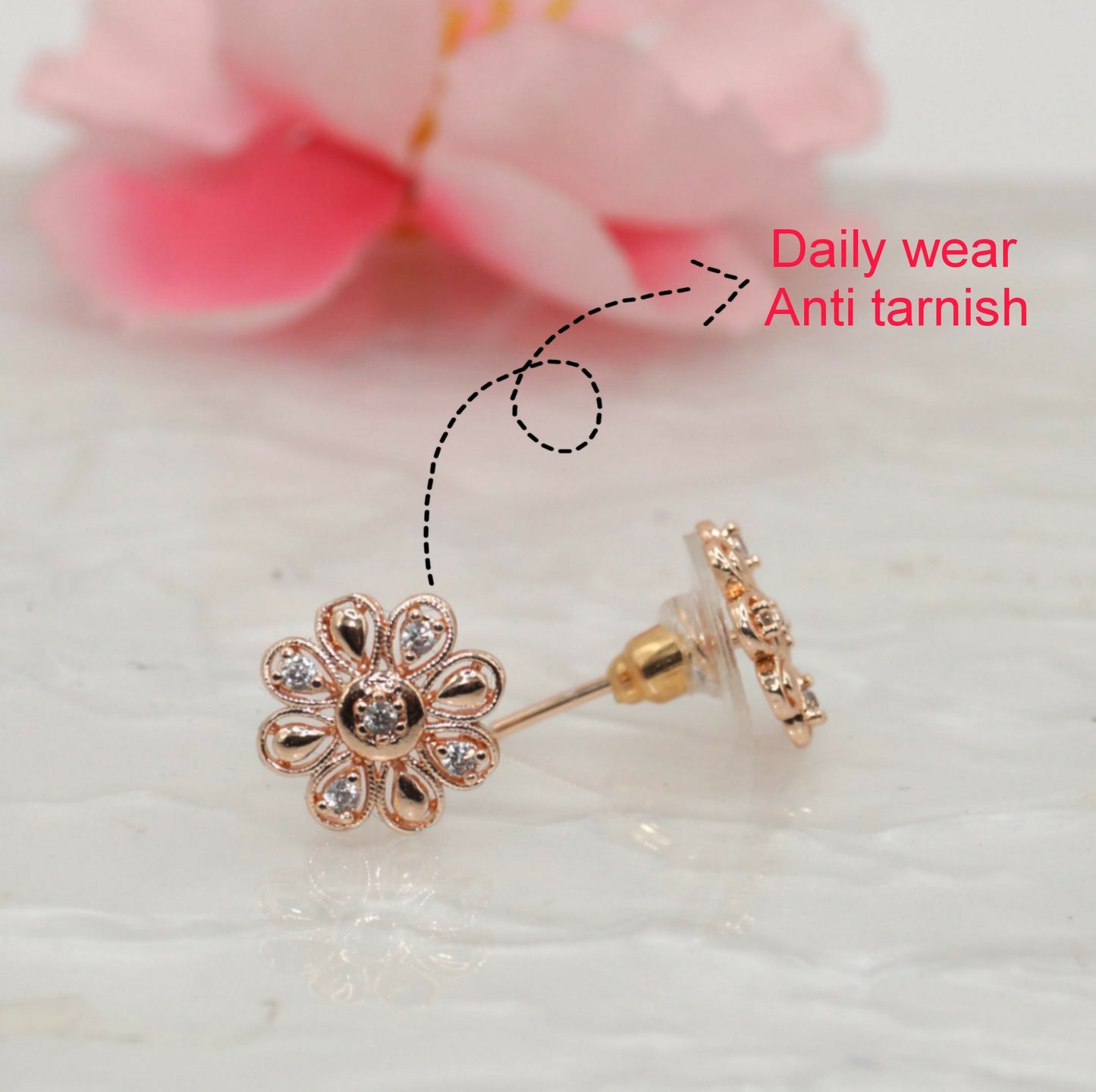 Rose Artificial Gold Diamond Flower Stud Earrings for women and girls