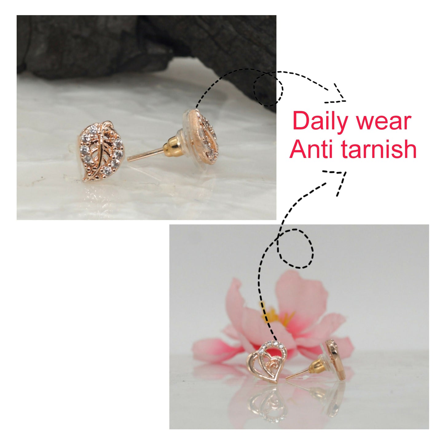 Rose Artificial Gold Plated AD Heart & Leaf Stud Earrings Set for women and girls Combo Pack of 2