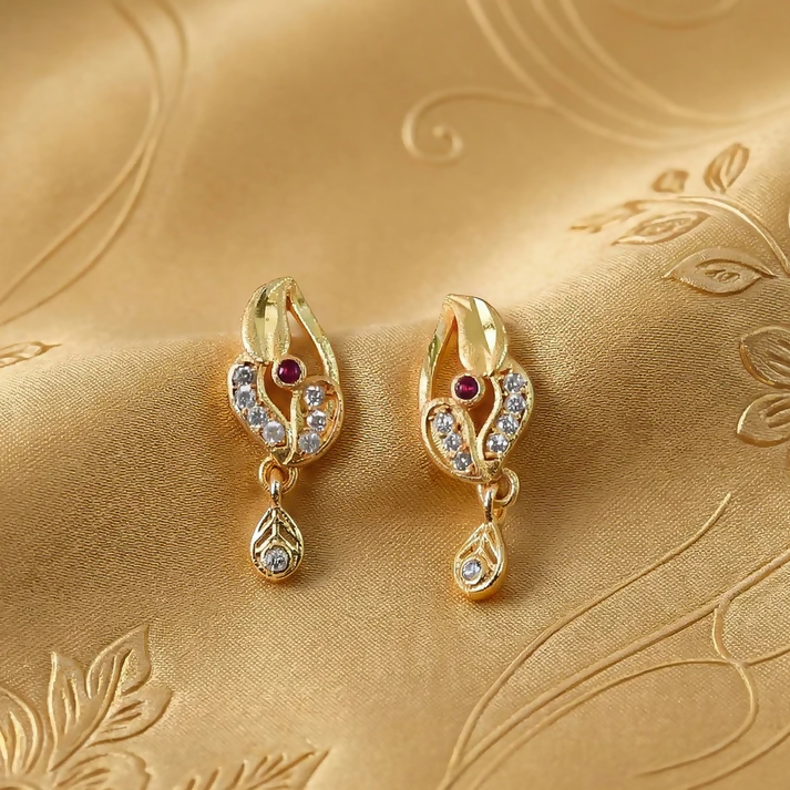 Classic Artificial Gold Finish Earrings with Crystal Detailing & Red Stone