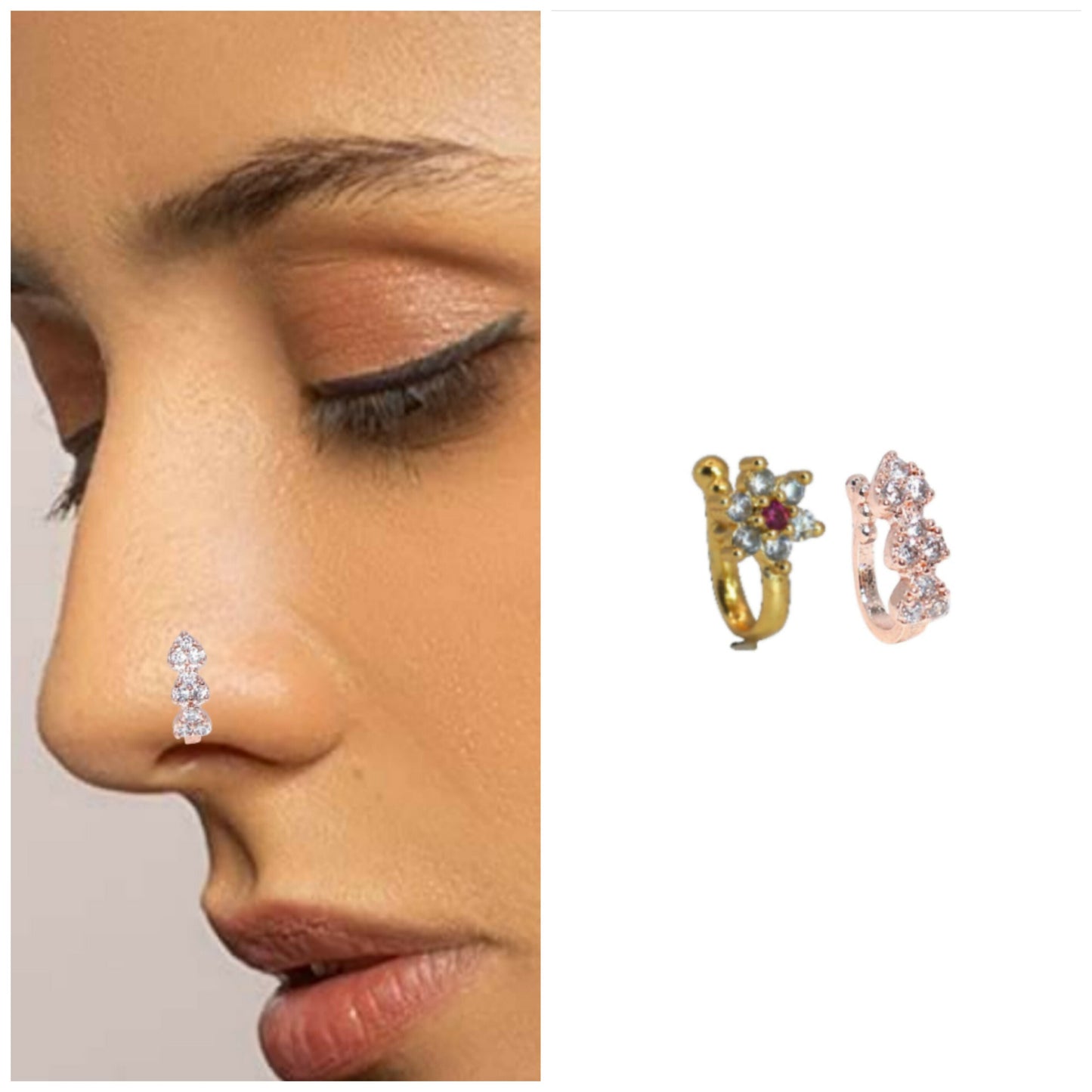 Triple Cluster CZ No Piercing Nose Ring Nath - Artificial Gold/Rose Artificial Gold Combo Pack of 2