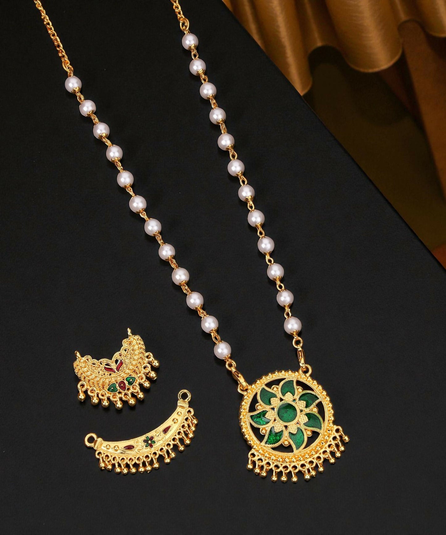 Romantic Artificial Gold Ruby Green Mina Work Crystal Heart Necklace Set