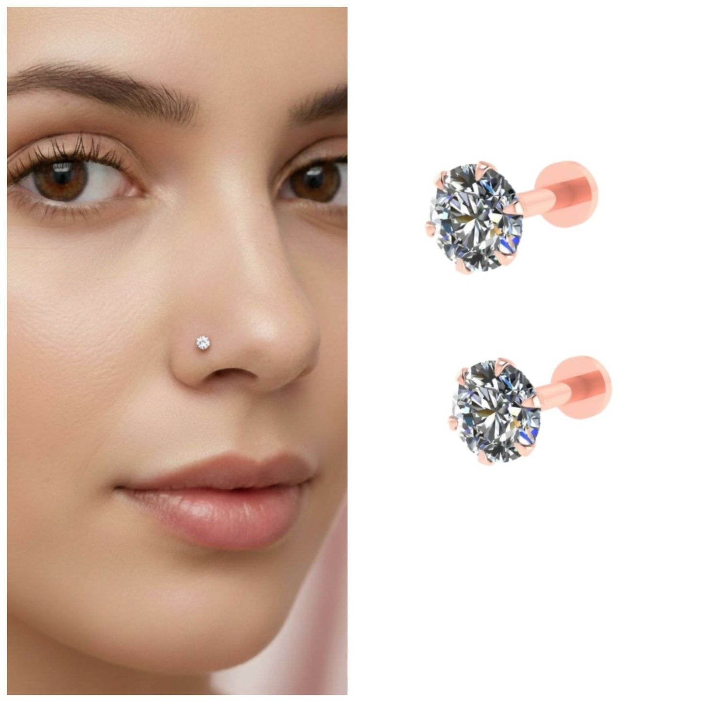 Rose Artificial Gold AD Nosepin Laung Koka Nathni Internally Threaded Labret Combo Pack of 2